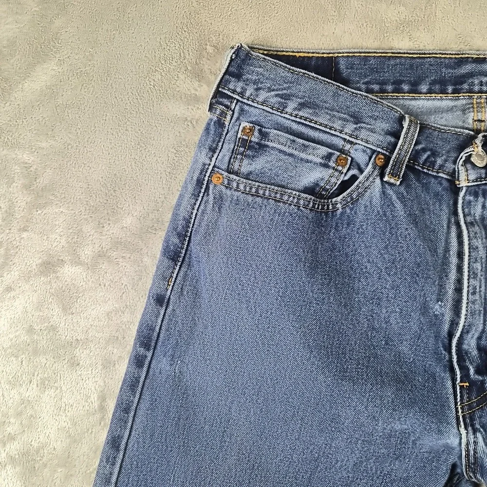 Levis 505 Jeans Mens 36x34 (fits 34x26 )Blue Denim Regular Fit Raw Hem Cut Off